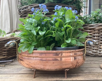 Antieke Rood Koper Plantenbak met Handvatten van Delfts Blauw Aardewerk