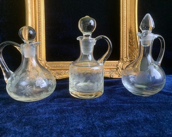 Old Engraved Glass Decanters Oil Vinegar Decanters Vintage 1930-1960
