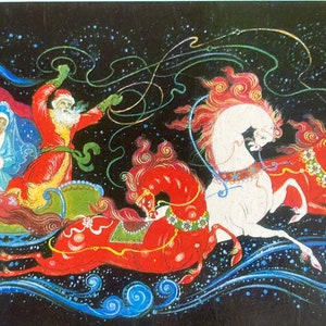 Escola Palekh Papai Noel no trenó Soviético Feliz Ano Novo Cartão Postal Vintage 1978