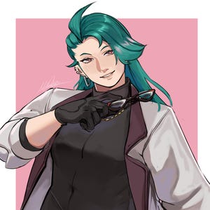 May include: Illustration of a person with teal hair, wearing a black top, dark pants, and a white jacket with a burgundy trim. The person is holding glasses and wearing black gloves. The background is pink.