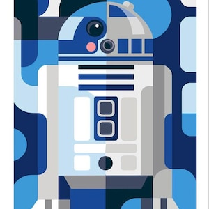 Könnte beinhalten: Eine stilisierte Illustration von R2-D2, einem fiktiven Robotercharakter aus dem Star Wars-Franchise. Der Roboter ist in einem geometrischen Stil mit blauen, weißen und grauen Farben dargestellt.
