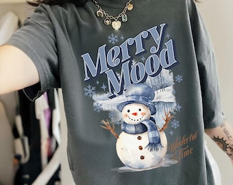 Merry Mood Color Snowman PNG, Retro Christmas Shirt PNG, Watercolor Winter Snowman PNG, Holiday Sublimation Design