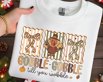 Gobble Gobble Till You Wobble PNG, söt kalkon PNG, preppy Thanksgiving PNG, höstrosett PNG, höstkalkonskjortadesign, pumpasäsong PNG