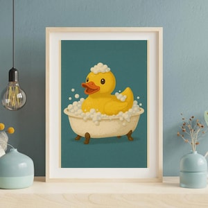 Póster de baño de pato A3 / Arte de pared de pato de goma retro / Decoración de baño vintage divertida / Impresión de baño para niños / Baño de animales peculiares