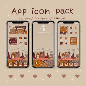 May include: A set of three iPhone home screens with a brown and orange colour scheme. The screens feature a cartoon illustration of a house with a brown roof and white trim, surrounded by trees and hills. The home screen icons are also cartoon-style and feature a variety of themes, including love, dreams, and happiness. The text on the screens reads "Love Yourself", "Believe in your Dreams", and "Happy".