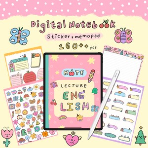 May include: A digital notebook with a pink background and a variety of colorful stickers. The notebook has the text "Digital Notebook" and "Sticker, memopad" on it. The notebook also has the text "NOTE" and "LECTURE ENGLISH" on it. The stickers include butterflies, stars, hearts, and other cute designs.