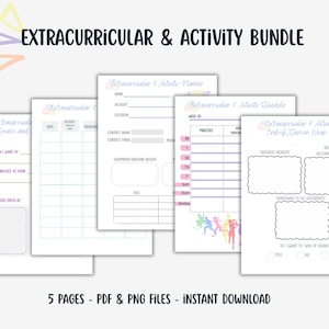 May include: A bundle of five printable PDF and PNG files for extracurricular activities. The pages include a planner, schedule, and wrap-up sheets. The title "Extracurricular & Activity Bundle" is at the top, with colorful graphics.