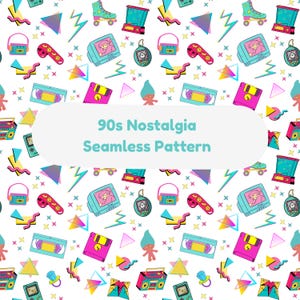 Puede incluir: Un patrón continuo con iconos nostálgicos de los 90 sobre fondo blanco, incluyendo patines, juegos portátiles, reproductores de casete, cintas VHS, disquetes, muñecos troll y formas geométricas con el texto 90s Nostalgia Seamless Pattern.