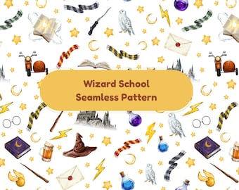 May include: A seamless pattern on a white background with watercolour illustrations of wizarding school elements. Includes a sorting hat, owl, wands, books, scarves, stars, and the text "Wizard School Seamless Pattern" in a yellow banner.