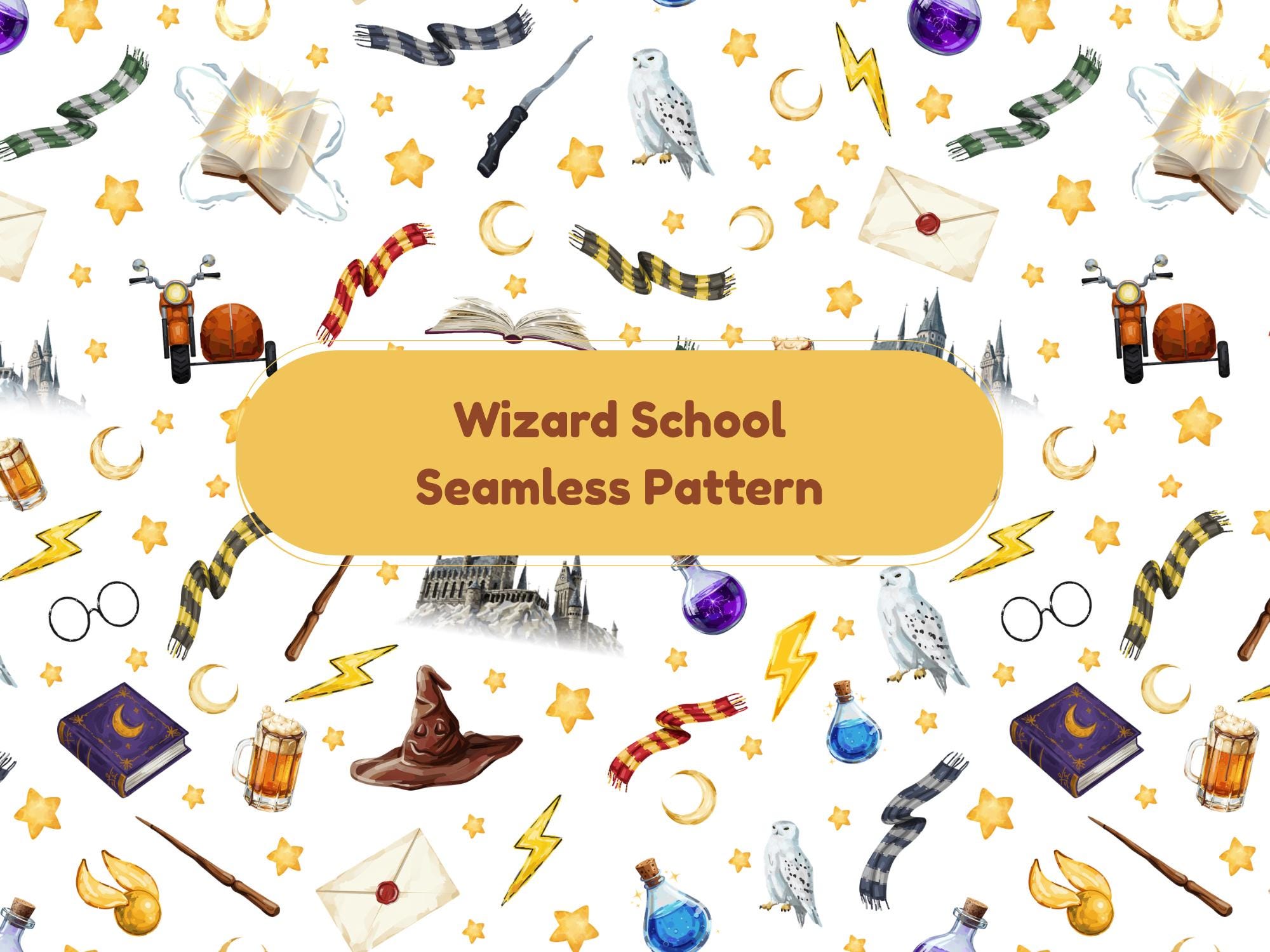 Wizard School Seamless Pattern | Fantasy Icons, Owls, Potions (Digital Paper)