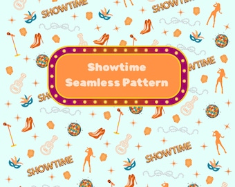 Può includere: Un motivo senza cuciture azzurro con illustrazioni a tema spettacolo. Il design include tacchi alti, sfere da discoteca, chitarre, microfoni e sagome di ballerini. Il testo "Showtime Seamless Pattern" è su un cartello arancione.