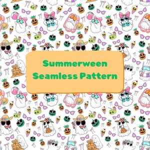 May include: A white seamless pattern with ghosts, sunglasses, pineapples, and summer elements. The design includes the text "Summerween Seamless Pattern" in a yellow rectangle.
