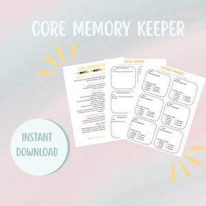 Könnte beinhalten: Ein druckbares Kern-Gedächtnis-Kit mit bunten Illustrationen und Text. Das Kit enthält Seiten für besondere Erinnerungen, festgehaltene Momente und Tipps zum Erstellen von Kern-Erinnerungen. Der Text enthält die Wörter "Core Memory Kit" und "Sofort-Download".
