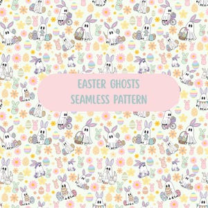 Puede incluir: Un patrón sin costuras con fantasmas de Pascua con orejas de conejo, huevos de Pascua, flores y conejos sobre un fondo verde claro. El texto "EASTER GHOSTS SEAMLESS PATTERN" se muestra en un óvalo rosa.