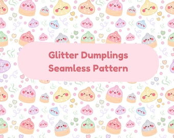 Glitter Dumplings Seamless Pattern | Pastel Kawaii Food Digital Paper (PNG)