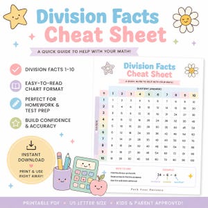 May include: A Division Facts Cheat Sheet printable math chart featuring a pastel color palette with a grid from 1 to 10. The document includes a smiling star and flower, a pencil holder, a calculator, and an apple illustration with text.