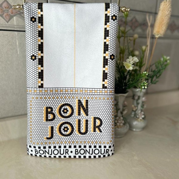 1PCS Luxury Anthropologie Model Bistro Tile Bonjour Patterned Organic Cotton Bathroom Towel Kitchen Towel Decor Kitchen Decor New Year Gift