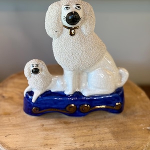Antique Staffordshire Confetti Poodle and pup Dogs