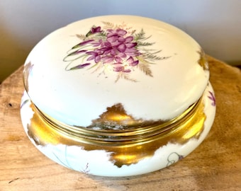 Porcelain dresser Trinket Box with Handpainted purple  flowers Gold Gilding