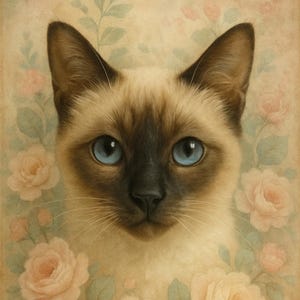 Papel de arroz de gato siamés, retrato de gato shabby chic, papel artesanal de animales en tonos pastel suaves, lámina para muebles, ilustración de gato, diario basura n.° 4568