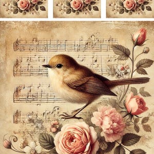 May include: A vintage-style illustration of a brown bird perched on a branch with pink roses and green leaves. The background features a sheet of music with faded brown and black notes.