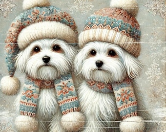 Papel de arroz con dos perros malteses con motivo invernal para decoupage (A4)