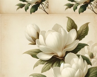 May include: A botanical illustration featuring large, creamy white magnolia blossoms with thick, curved petals and deep green, veined leaves. The flowers are arranged on a branch against a textured, light beige background with a vintage paper aesthetic.