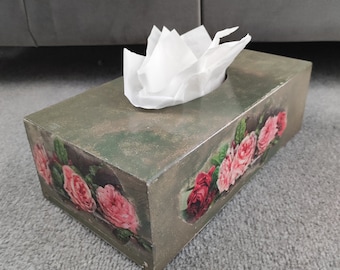 Vintage Wooden Tissue Box Cover Dispensers With Old Roses Motif, Tissue Box Holder, Handmade Item, Gift Idea For Her, Birthday Present