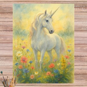 Papel de arroz de unicornio etéreo con prado de flores silvestres, ilustración de criatura fantástica mágica para decoupage y manualidades, papel para muebles 4603