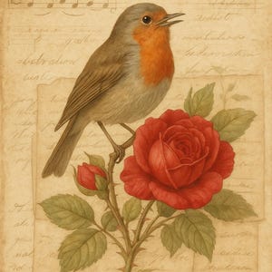 Papel de arroz Red Robin sobre rosa para decoupage, papel de notas musicales vintage, papel artesanal Robin & Rose, efímera, n.° 4488