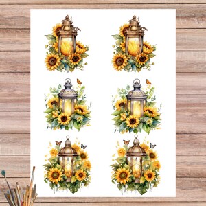 Rustikales Laternen-Reispapier, romantisches Lampionblatt mit goldenen Blüten, Sonnenblumen Kunstdruck, Florale Akzente Nr. 4593