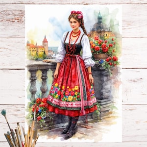 Puede incluir: Ilustración en acuarela de una mujer con vestimenta tradicional polaca. Lleva una falda roja con estampados florales, un corpiño negro y una blusa blanca. Un collar rojo y un tocado floral completan el look. El fondo presenta un paisaje urbano europeo.