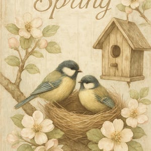 Meisen nisten im Shabby Chic Garten auf Premium Reispapier, zarter Frühlingsmoment in Pastelltönen, Decoupagepapier, Art, No 4414