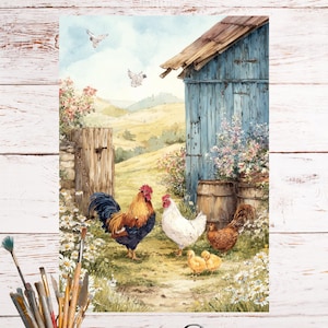 May include: Watercolor painting of a farm scene with a rooster, hen, and chicks. A blue shed and wooden gate are in the background. Daisies and other flowers are scattered throughout the scene. A pair of scissors and a cup of paintbrushes are in the foreground.