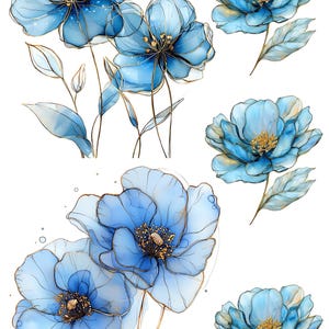 Papel de arroz floral azul de acuarela A4 para decoupage, papel de decoupage con flores abstractas, papel de arroz floral de acuarela etéreo, diseño de flores