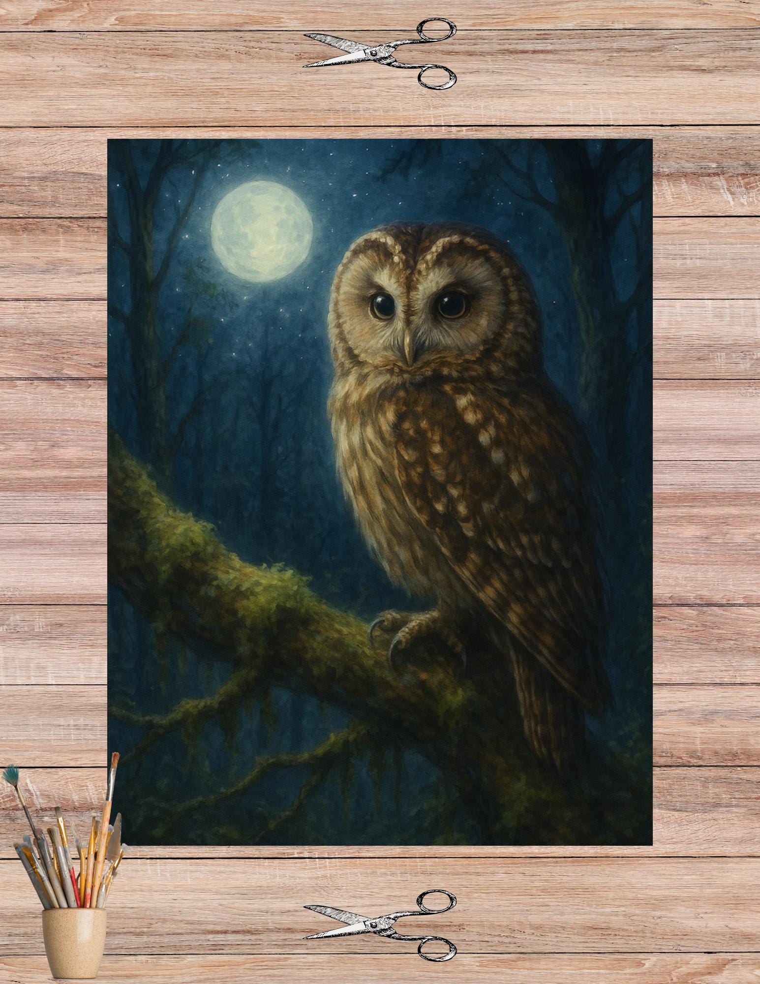 Moonlit Owl Rice Paper: Mystical Forest Illustration for Decoupage