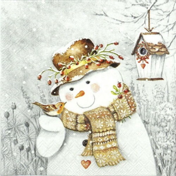 Snowman Holding Robin Christmas Paper Napkin Serviette For Decoupage Craft Collage Journal. 4 Individual Tissue Napkins 3Ply Ambiente Design