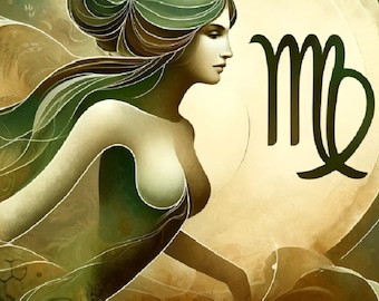 May include: A watercolor illustration of a woman with long green hair and a green dress. The woman is standing in front of a large, circular, yellow background with the astrological symbol for Virgo in the upper right corner.