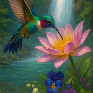 Papel de arroz para decoupage, colibrí exótico bebiendo néctar en una serena cascada, pájaro colorido, nenúfar n.° 4447