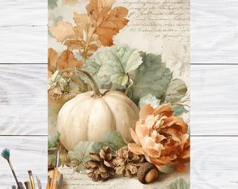 May include: A watercolor-style illustration featuring a white pumpkin, orange peony, and fall foliage. The artwork includes pine cones, an acorn, and handwritten script in the background. The color palette is soft, with muted greens, oranges, and creams.