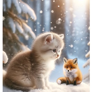 Petit chaton et renard dans la forêt enneigée - Papier de riz décoratif pour projets de techniques mixtes de découpage - Scrapbooking - Collage 1 A4 taille standard