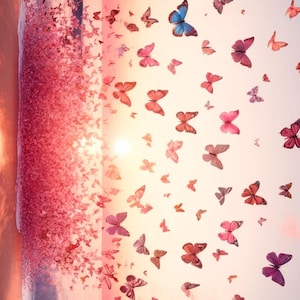 Mariposas y puesta de sol, 1 hoja A4, imagen completa, papel de arroz para decoupage, álbumes de recortes, hermosas mariposas, suministros para técnicas mixtas