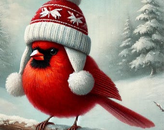 Roter Kardinal mit Winterhut Reispapier für Decoupage (A4)