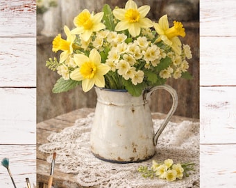 Papel de arroz para decoupage - Narcisos amarillos en jarra - Primavera floral estilo cottagecore - Muebles reciclados shabby chic 8778