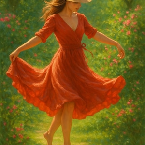 Papier de riz haut de gamme pour découpage, danse de femme sur l'herbe, dame en robe rouge, papier artisanal, journal indésirable, éphémères, n° 4430