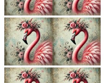 Flamingo Rice Paper for Decoupage: Vintage Collage Sheet (A4)