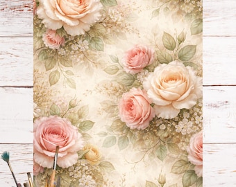 Papel de arroz con rosas rosas estilo shabby chic para decoupage, fondo floral vintage de rosas, n.° 8338