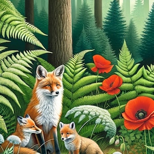 Rice Paper for Decoupage Craft Scrapbooking Collage - Foxes in the Forest Red Poppies - Decorative Mulberry Paper 1 A4 Sheet New