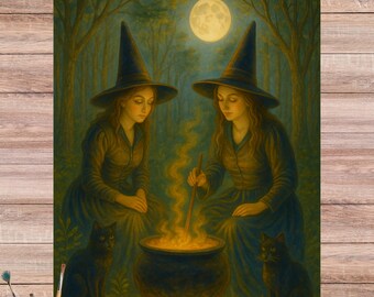 Victorian Witches Rice Paper: Full Moon Halloween Decoupage (A4 Sheet)