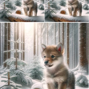 Petit loup dans la forêt enneigée - découpage papier de riz scrapbooking collage technique mixte journal indésirable projets de bricolage 1 A4 taille standard Unique